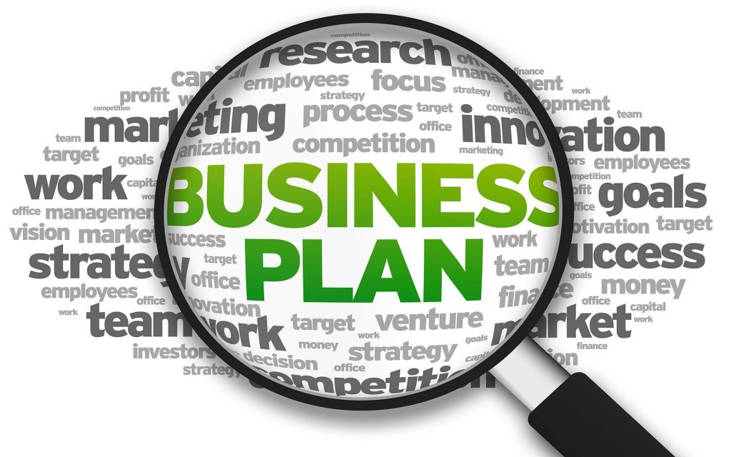 Magnified illustration with the word Business Plan on white background.